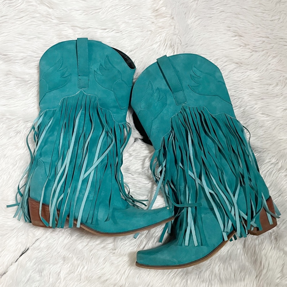 Turquoise Teal Tassle Fringe Suede Cowgirl Western Heeled Boots Size 38